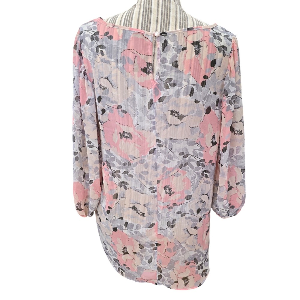 LC Lauren Conrad Pink Floral Chiffon Peasant Blouse Hi-Lo 3/4 Sleeve Womens Med - Picture 3 of 7